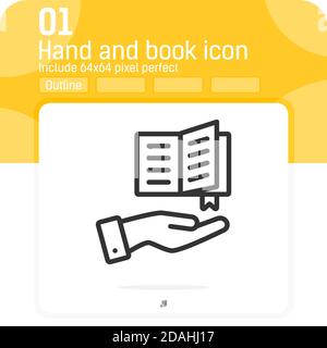 Hand and book icon with outline style isolated on white background. Vector illustration thin line book icon for web design, ui, ux, education, apps Stock Vector