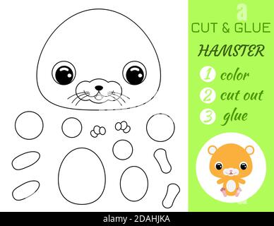Simple educational game coloring page cut and glue sitting baby hamster for kids. Educational paper game for preschool children. Color, cut parts and Stock Vector