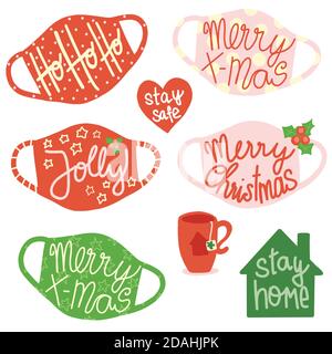 Christmas face masks Social distancing vector icon set. Christmas Holidays 2020 decor protective face mask against Coronavirus. Stock Vector