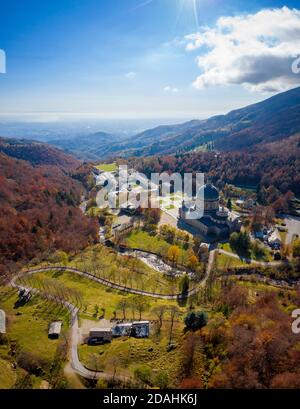 Aerial view of the Sanctuary of Oropa in autumn, Biella, Biella district, Piedmont, Italy, Europe. Stock Photo