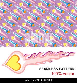 Burning Heart. Blazing heart. Seamless pattern with flaming hearts in the style of car stickers for design of gift packs, patterns fabric, wallpaper, Stock Vector