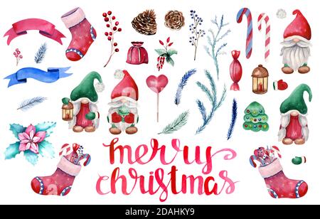 A set of elements on the theme of Christmas. Christmas gnomes, Christmas tree, cones, berries, etc. Watercolor illustrations Stock Photo