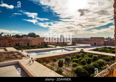 Scenic view of El Badi Palace and palm in the Medina of Marrakech, Morocco, Italy Stock Photo