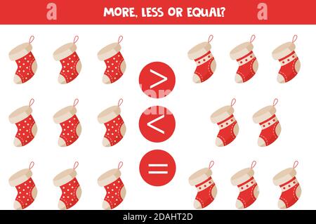 More, less, equal of Christmas socks. Math equation. Stock Vector