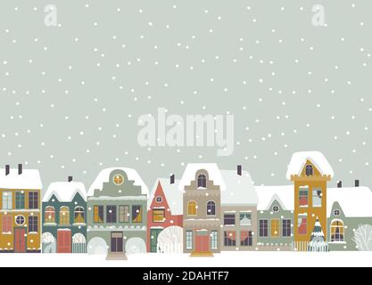 Cute cartoon little town in Christmas time Stock Vector