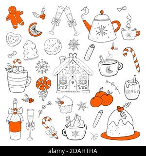 Christmas drinks and sweets doodle set. Holiday food hand drawn outline vector illustration. Cute cookies, gingerbread house, tea mugs, champagne etc. Stock Vector