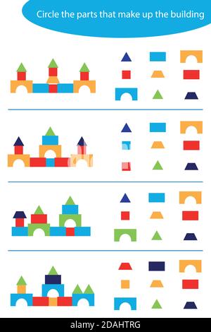 Circle the details that make up the buildings, shapes for children, fun education game for kids, preschool worksheet activity, task for the Stock Vector