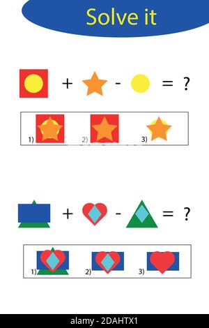 Mathematics game with geometric shapes pictures for children, find a solution, education game for kids, school worksheet activity, task for the Stock Vector