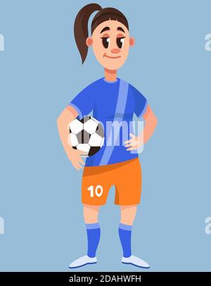 Female soccer player holding ball. Beautiful character in cartoon style. Stock Vector