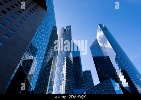 Puteaux, France - November 12, 2020: Exterior view of Societe Generale twin towers, headquarters of the French bank located in Paris-La Défense Stock Photo