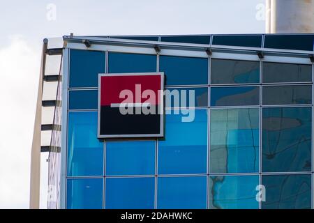 Puteaux, France - November 12, 2020: Logo of Société Générale, French bank headquartered in Paris-La Défense Stock Photo