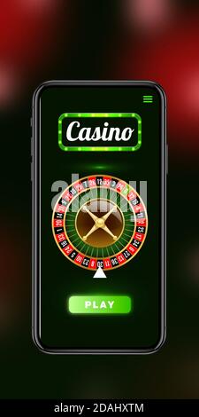 Online gambling, casino concept. Cellphone, device with lottery, casino cover. Blurred black-red background. Vertical flyer. Poker, bookmaking, modern technologies, business and finance. Stock Photo