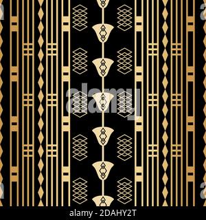 Vector art deco black gold foil stylized flowers, squares, grids linear geometric seamless pattern background. Luxury vintage repeat backdrop with Stock Vector
