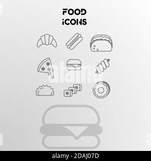 Set of vector icons on the theme of food. Linear design of croissant, pizza, burger, and sushi. Stock Vector