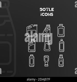 Design of white icons of bottles and cans with stroke. Vector illustration isolated on black background. Set Stock Vector