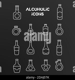 Set of white linear vector icons of alcoholic bottles. Illustration isolated on black background. Stock Vector