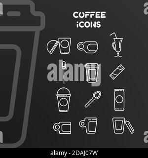 Set of vector white linear icons on the coffee theme. Signs are isolated on a black background. Stock Vector