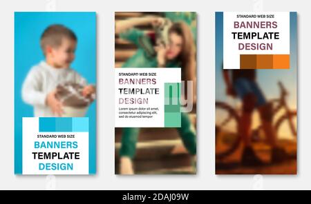 Set of vertical web banners with place for photo and squares for the header. Standard size templates with elegant design elements. Vector illustration Stock Vector