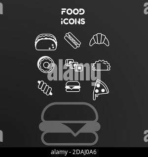 Set of vector white linear icons on the theme of food. Design signs isolated on black background. Stock Vector