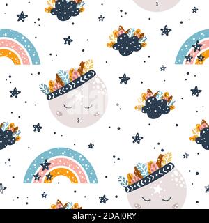 Cute childish bohemian seamless pattern with sky elements: moon, rainbow and stars in Scandinavian style isolated on white background hand drawn vecto Stock Vector