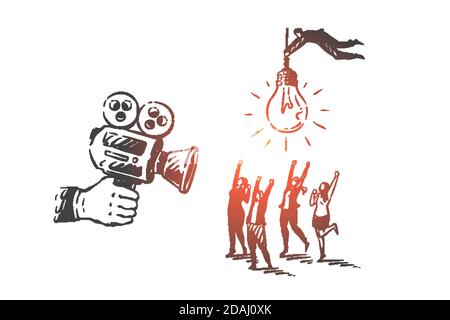 Blogging, vlog, smm, teamwork, coworking, partnership concept sketch. Hand drawn isolated vector illustration Stock Vector