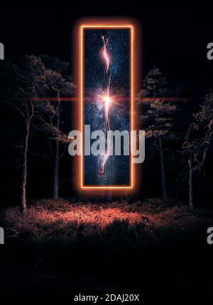 mystical and weird portal in a dark forest at night Stock Photo