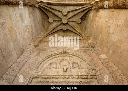 Portico of the church of Santa Trinidad, Alarcon, Cuenca province, Castile la Mancha, Spain Stock Photo