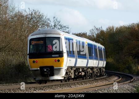 Chiltern Railways class 165 diesel train, rear end view, Warwickshire, UK Stock Photo