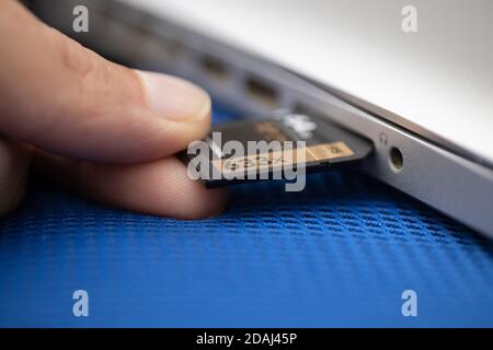 Installing an SD card in a laptop computer. Close up. Concept of information protection and digital security Stock Photo