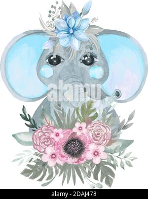 Cute elephant in a wreath of flowers. Poster for children's room, baby shower, wall art. Botanical arrangement Stock Vector