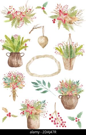 Winter floral arrangement clipart. Botanical collection of decorative elements for wedding invitations, postcards, cards. Vector Stock Vector