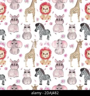 Seamless Safari pattern of animals and flowers on a white background. Kids design Giraffe Zebra Elephant Hippo Rhino Stock Vector