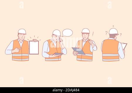 Construction engineer work, planning and communication, negative emotions concept Stock Vector