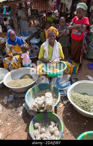 Selingue, Mali, 25th April 2015; Dried okra seller, Adiara Sidibe, 35. She grows and dries her own okra.  She can make up to 10,000 CFA per market day. Stock Photo