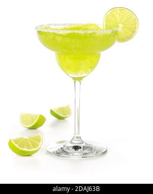 frozen margarita garnished with lime slice and salty rim Stock Photo