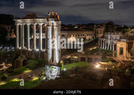 Ruins of the Roman Forum, in the foreground the Temple of Vespasian and Titus. Rome, Lazio, Italy, Europe Stock Photo