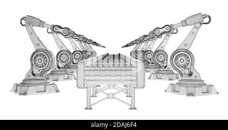 row of wireframe robotic arms with conveyor belt isolated on white. 3d rendering Stock Photo