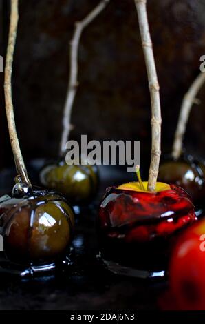 Closeup shot of apples in caramel sauce Stock Photo