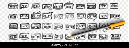Hand drawn audio tapes doodle set Stock Vector