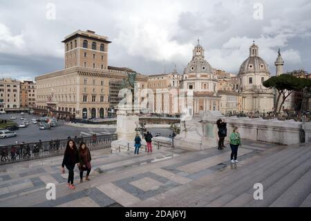 View of Piazza Venezia with the Church of Santa Maria di Loretto from the stairs of the Vittoriano monument on Capitol hill in Rome. Italy. Stock Photo