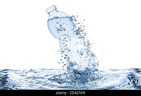 water bottle and bubbles above rippled water isolated on white Stock Photo