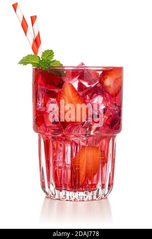 strawberry cocktail glass with mint leaf and straws on white background Stock Photo