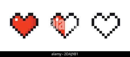 Pixel art set of red hearts of life. Vector illustration isolated on white background. Stock Vector