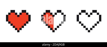 Pixel art set of red hearts of life. Vector illustration isolated on white background. Stock Vector