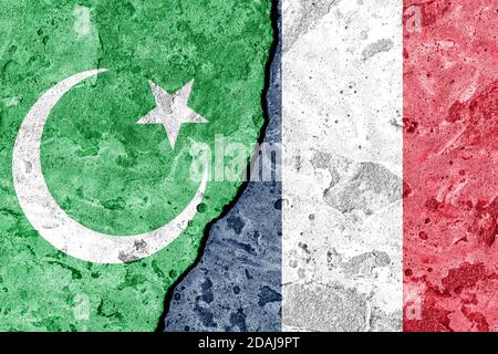 The crack between France and Islamic flags. The concept of islamic conflict, religios crisis and confrontation. Stock Photo