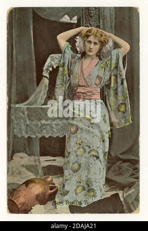 Early 1900's original tinted greetings postcard of Miss Phyllis Dare, popular Edwardian actress and beauty, wearing a silk kimono, London, posted June 16 1907, U.K. Stock Photo