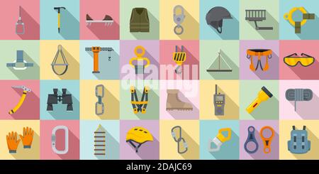 Industrial climber icons set, flat style Stock Vector