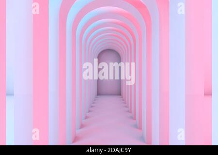 Empty corridor of arches with colorful illumination, abstract interior background. Frontal view, 3d rendering illustration Stock Photo