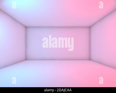 Empty white room with colorful illumination, abstract studio interior background. Frontal view, 3d rendering illustration Stock Photo