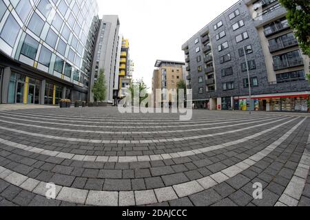Outlook over the square with the Holiday Inn Express Manchester City Centre - Arena building (left) towards the Spar shop opposite on New George St.. Stock Photo